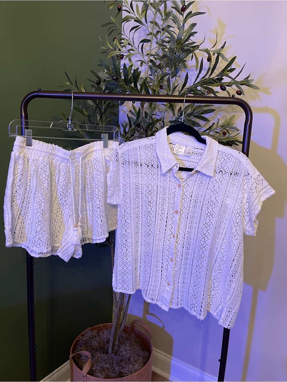 Crochet Lace Button-Front Shirt & Shorts Set - White - (Brand Unknown)